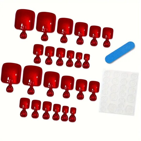 Nails Red Press On 24 Toenails Fake Glossy Tredy Stylish Glam Reusable Sexy Fun - Picture 2 of 5